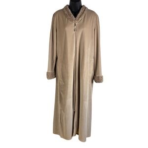 iRELAX Women's Fleece Robe Full Length Fuzzy Trim Zipper Closure Beige Medium